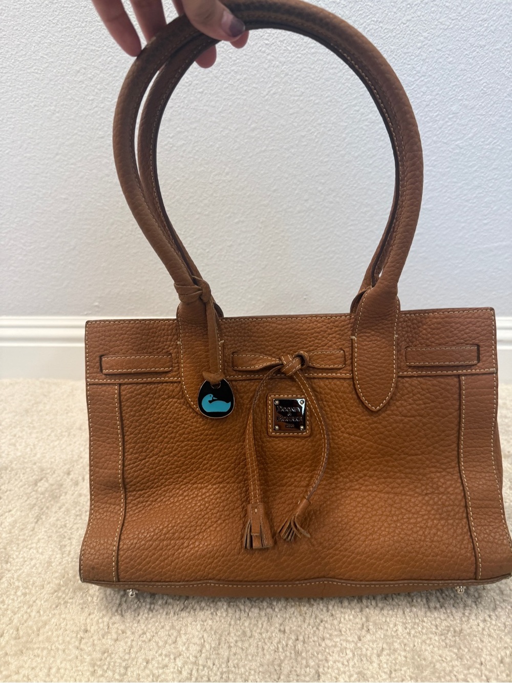 Vintage Dooney & Bourke Tan Pebble Leather Satchel with Tassel